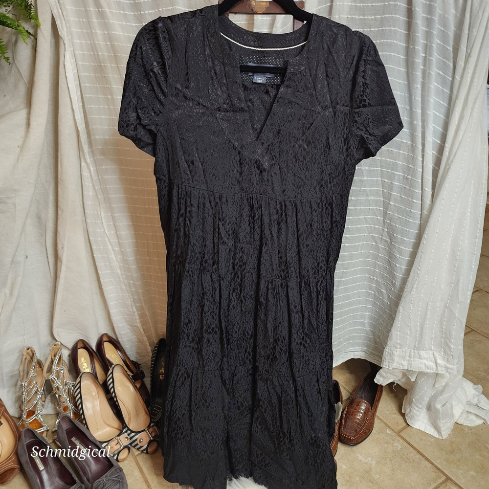 Maeve Anthropologie Black Leopard Jacquard Tiered Mini Dress V-Neck XS OB1089908